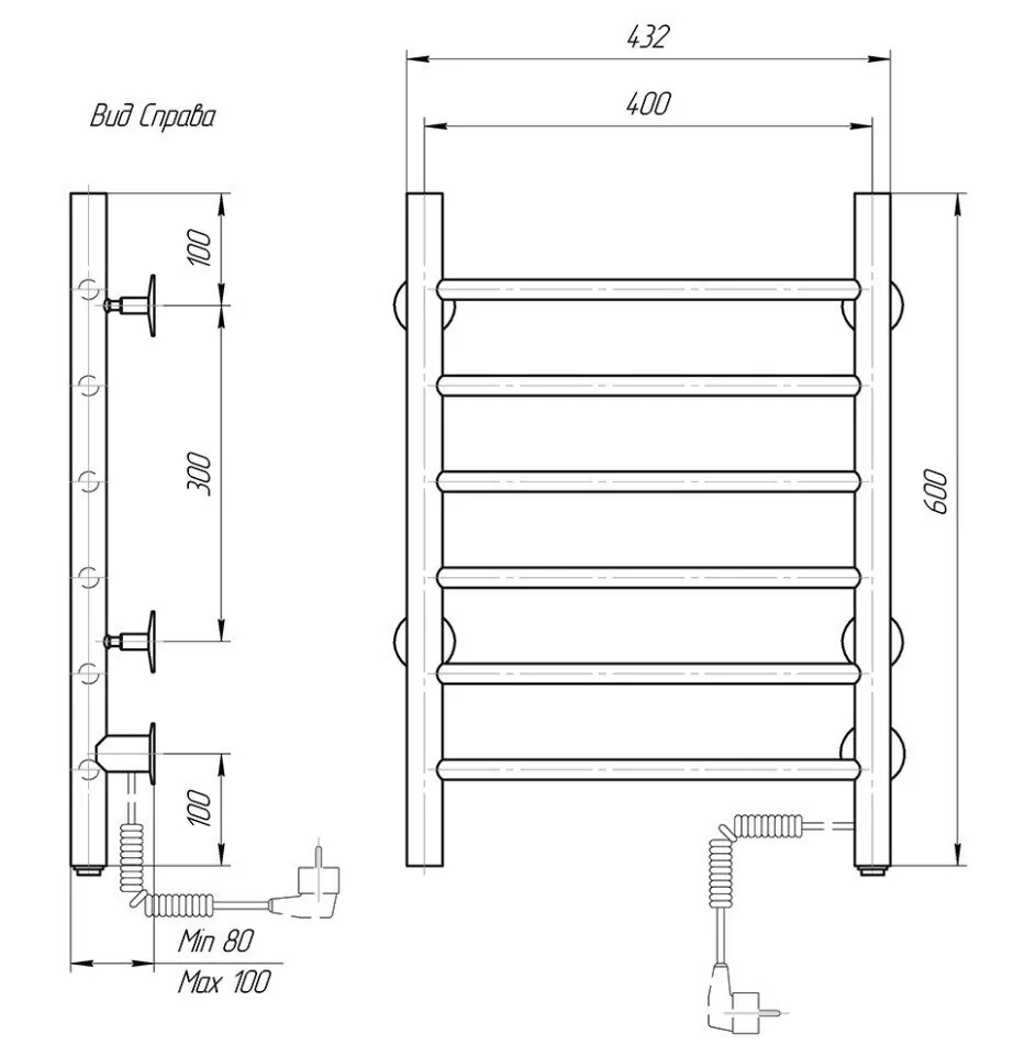 Полотенцесушитель электрический Domoterm Аврора DMT 109-6 40x60 EK R правый, черный матовый