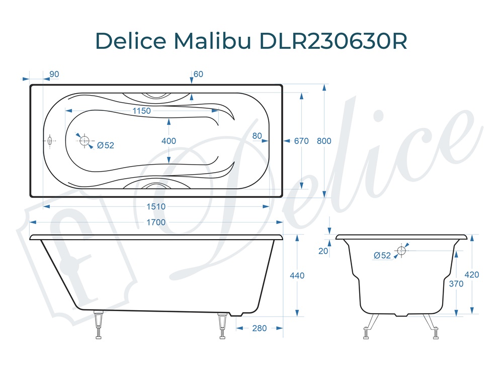 Ванна чугунная Delice Malibu 170х80 DLR230630R с отверстиями под ручки