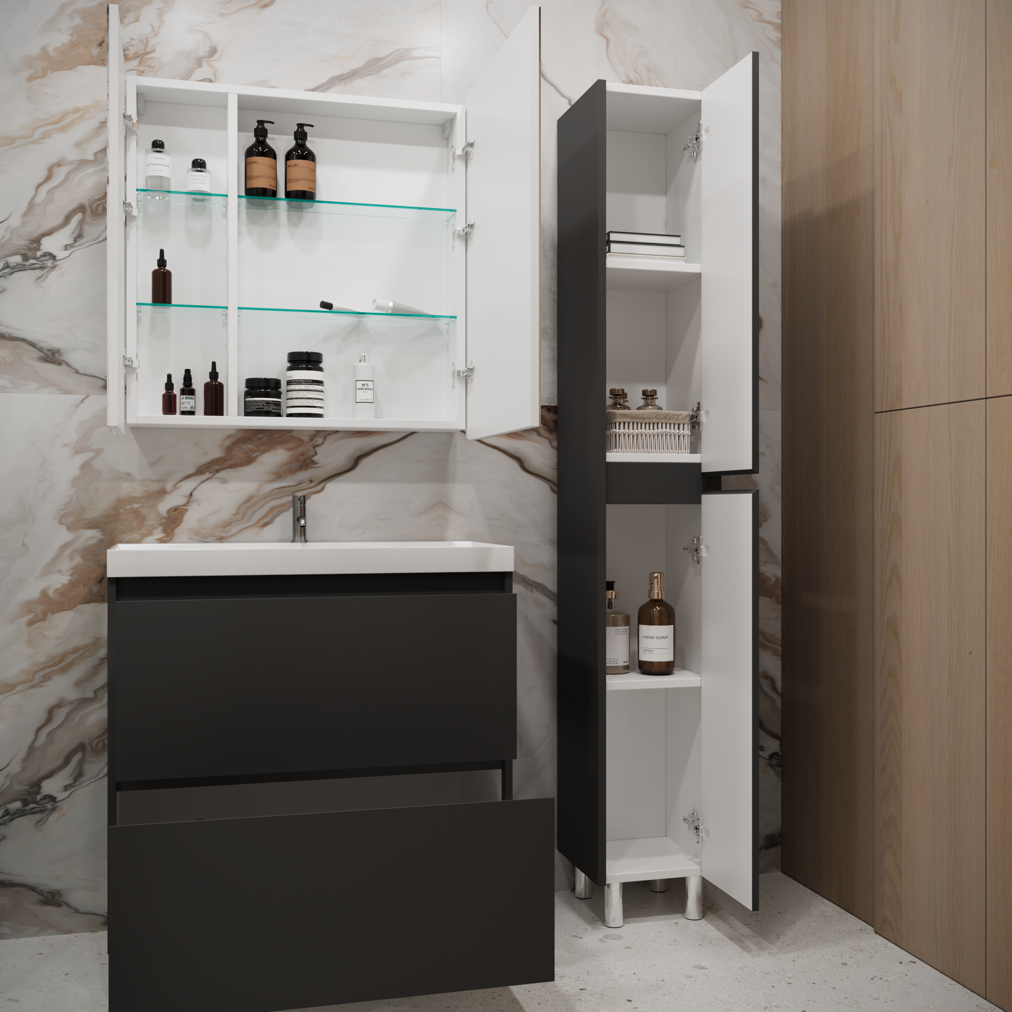 Тумба с раковиной Stella Polar Борнео 80, 2 ящ., Люкс, напольная, графит матовый