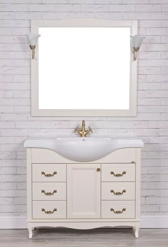 Тумба напольная ValenHouse Эллина 105/2 с раковиной Классик 105, 1 дверь, 6 ящиков, слоновая кость, бронза