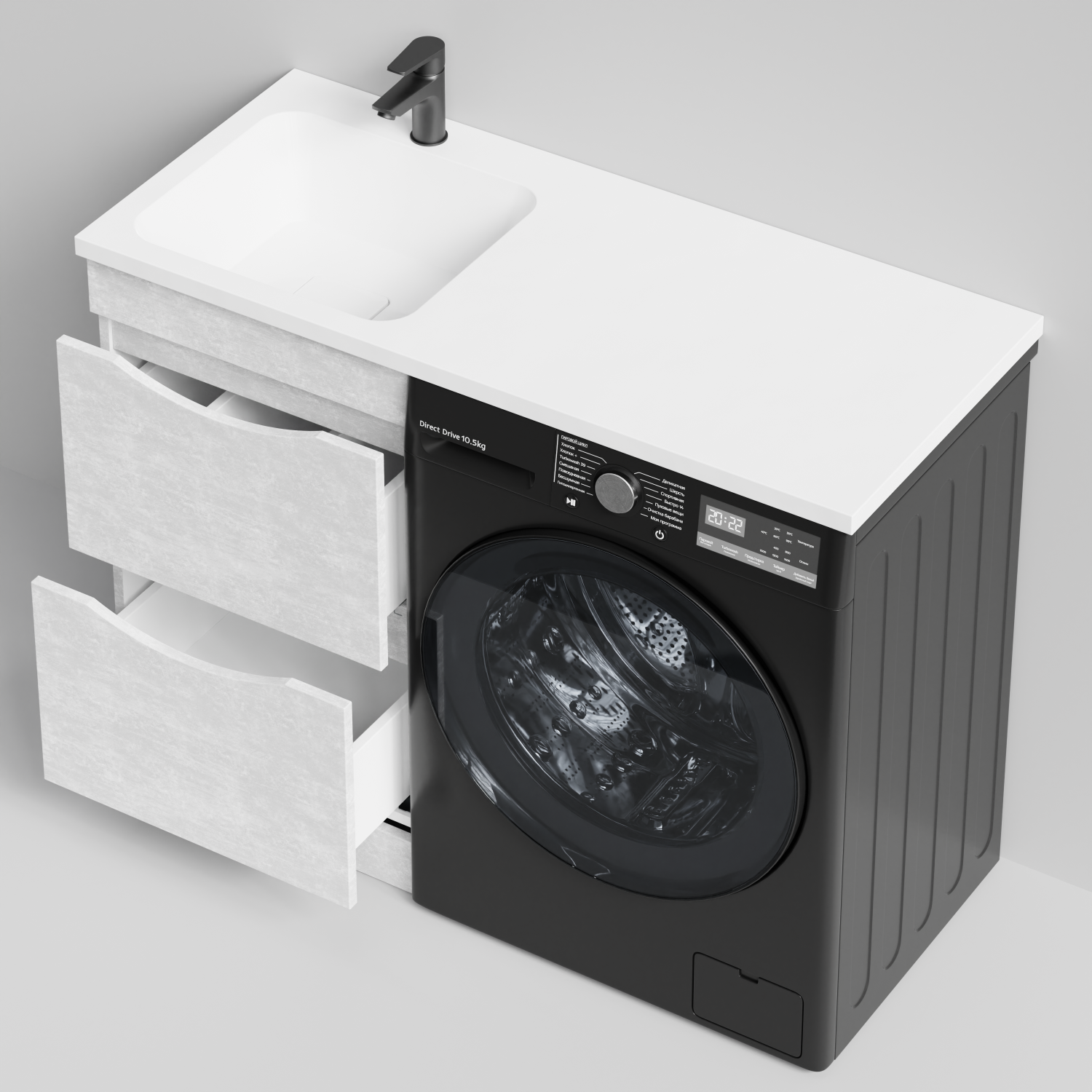 Тумба Vod-ok 48 с раковиной Смайл 110 напольная, под стиральную машину, левая, Белый камень