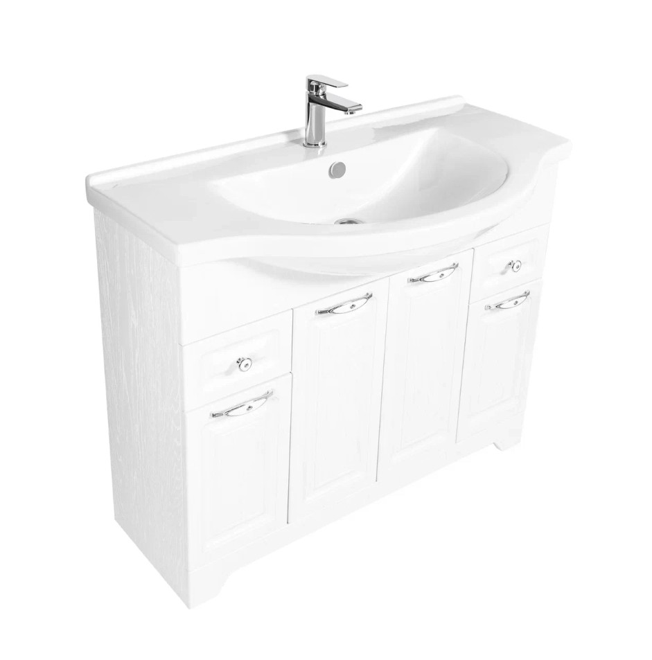 Тумба напольная Stella Polar Кармела 100 с раковиной Эльбрус 100, 2 ящ, 4 двери, Люкс белое серебро