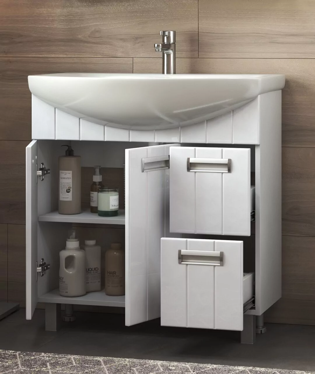 Тумба напольная Vigo Diana 80 с раковиной Балтика 80, 2 двери, 2 ящика, белый