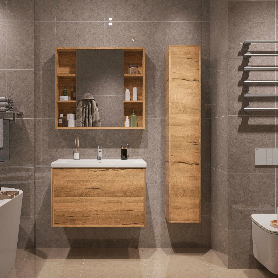 Тумба подвесная SanStar Siva 80 с раковиной Миранда 80 Дуб вотан