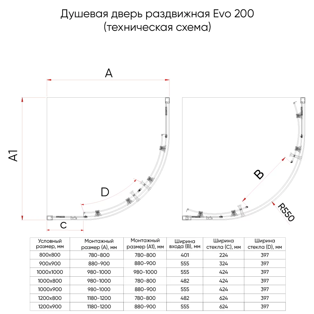 Душевой угол Veconi Evo 200 B, 1000х800x1950, черный матовый, прозрачное стекло