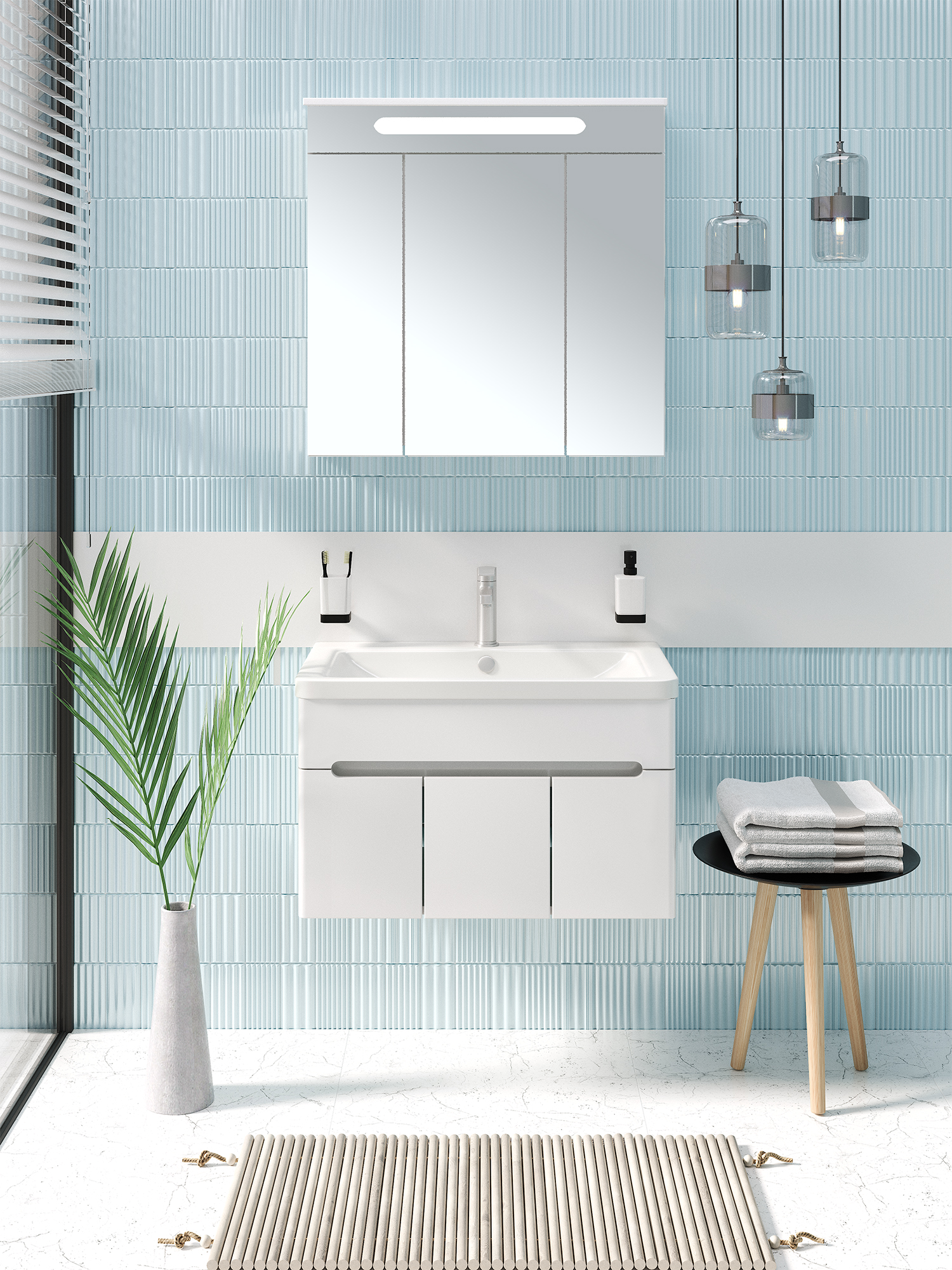 Тумба подвесная Runo Парма 75 3 двери, с раковиной Omega 75, белый