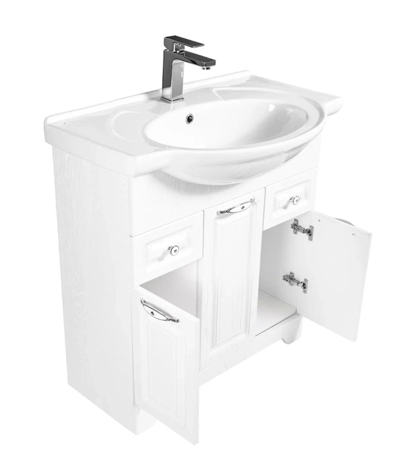 Тумба напольная Stella Polar Кармела 75 с раковиной Эльбрус 75, 2 ящ, 3 двери, Люкс белое серебро