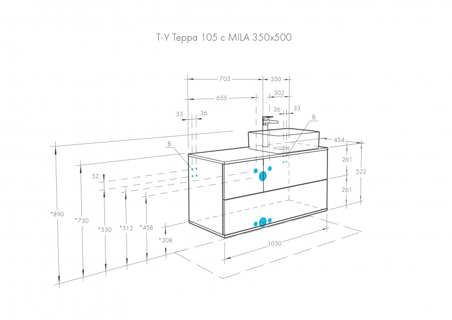 Тумба подвесная Aquaton Терра 105 с раковиной MILA 350х500, дуб кантри, антрацит