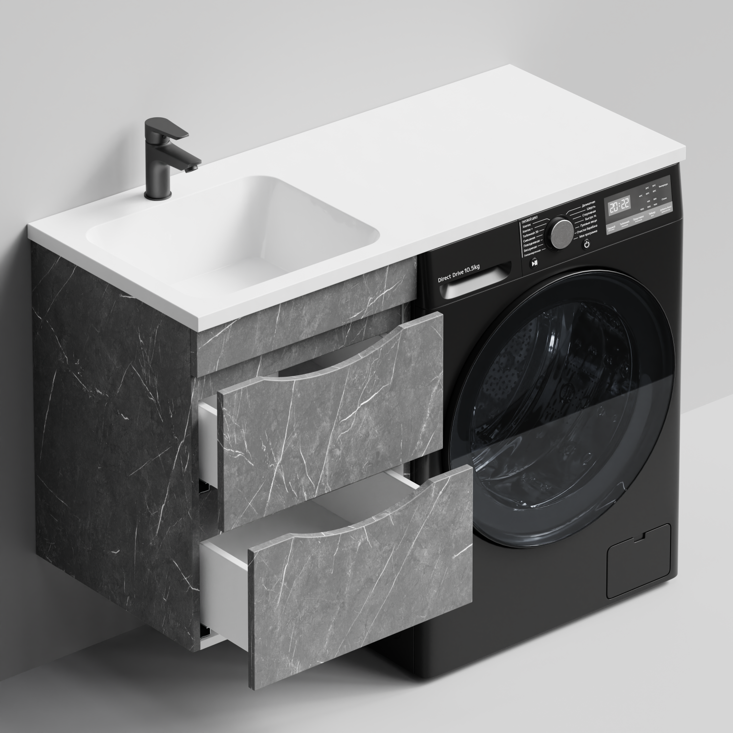 Тумба Vod-ok 48 с раковиной Смайл 110 подвесная, под стиральную машину, левая, Мрамор Серый софт тач