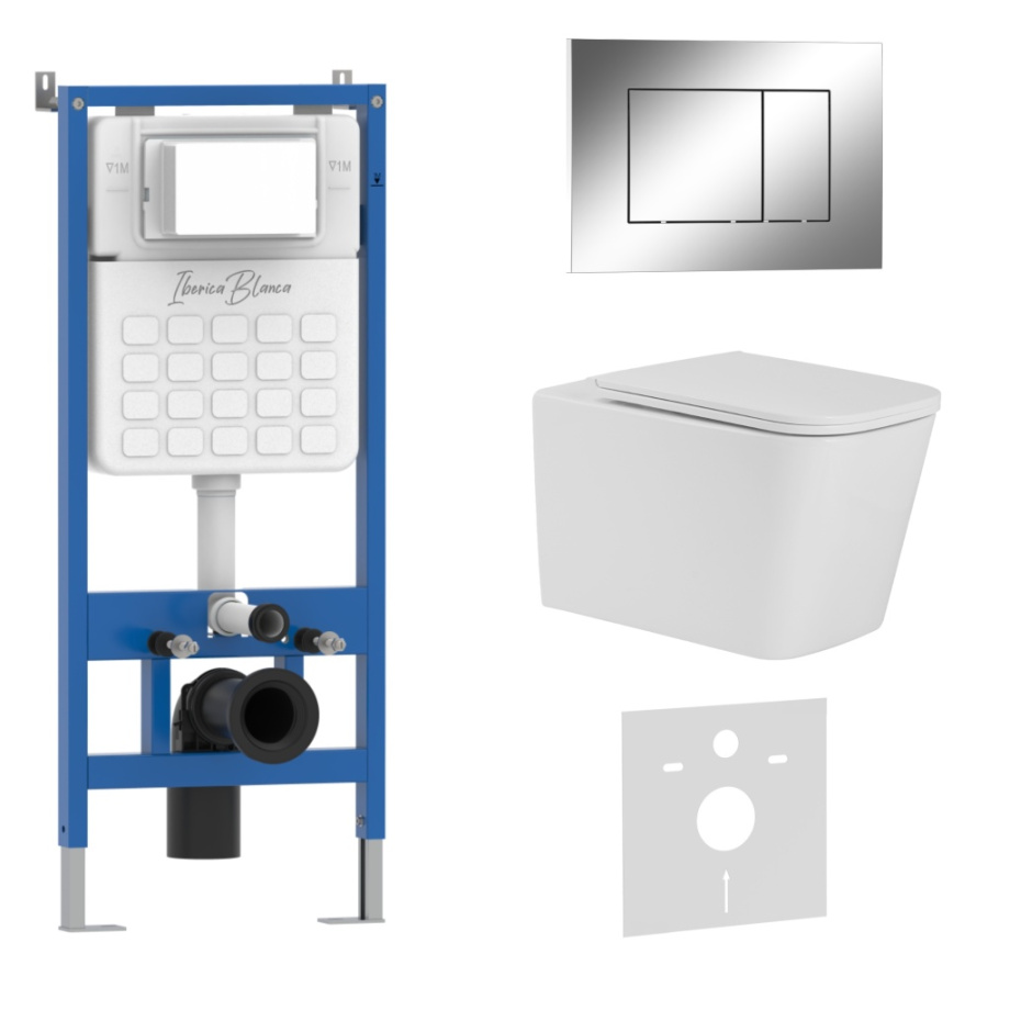 Комплект 3в1 IBERICA BLANCA инсталляция SILENCIO, унитаз TOLEDO ALTO белый, кнопка смыва ESTI-S хром глянцевый (IB001.TLA.234.852)