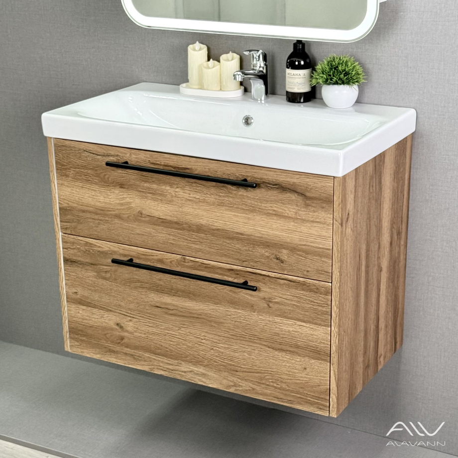 Тумба подвесная Alavann Rondo 80 с раковиной Moduo 80, дуб