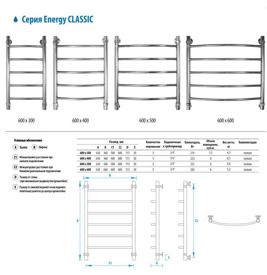 Полотенцесушитель водяной Energy Classic 600x400 хром