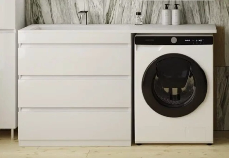 Тумба напольная Style Line Даллас 150 люкс plus ПВХ с раковиной Даллас 150 под стиральную машину, 3 ящика, левая, белая