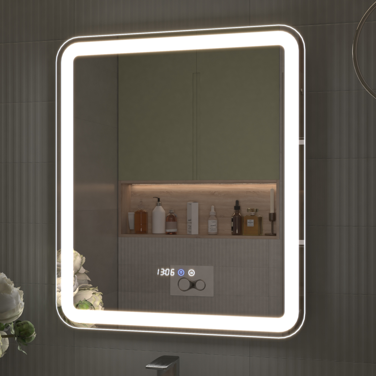 Зеркало Grani Luxe 60 с часами, свет, сенсор, белый