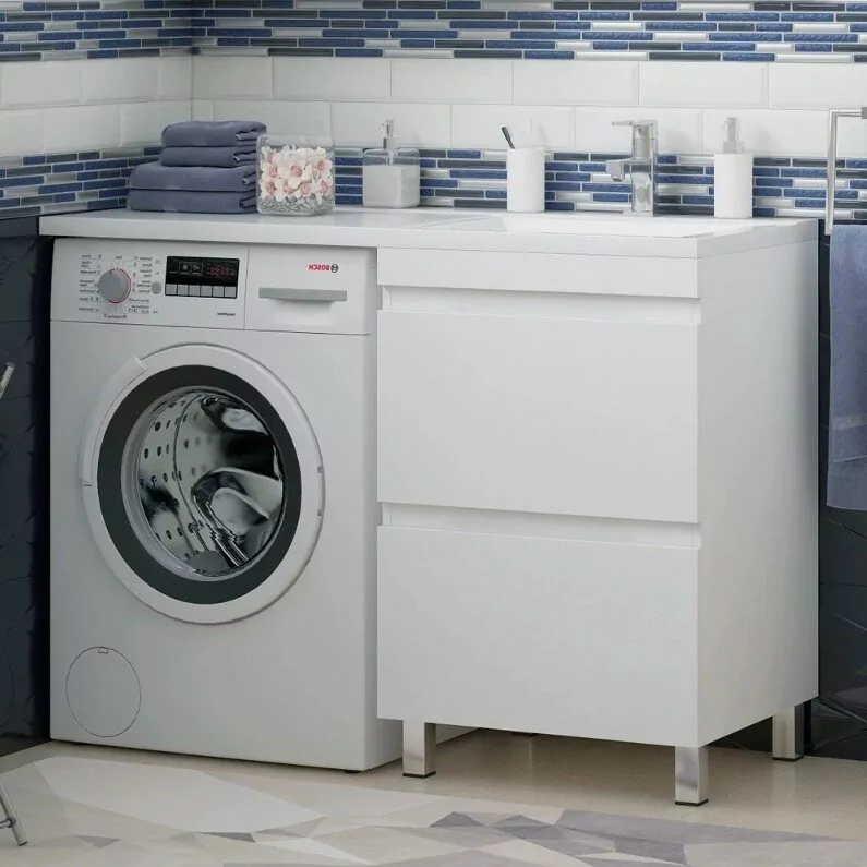 Тумба напольная Corozo Альтаир 57 с раковиной Мадлен 120 R, под стиральную машину, белая