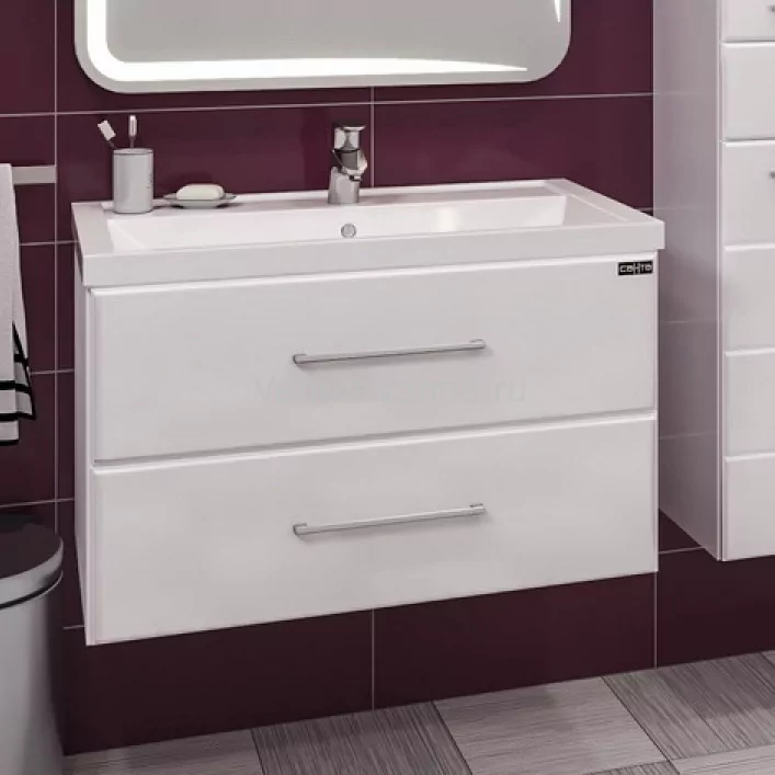 Тумба подвесная Санта Омега 80 с раковиной Фостер 80, 2 ящика, белая