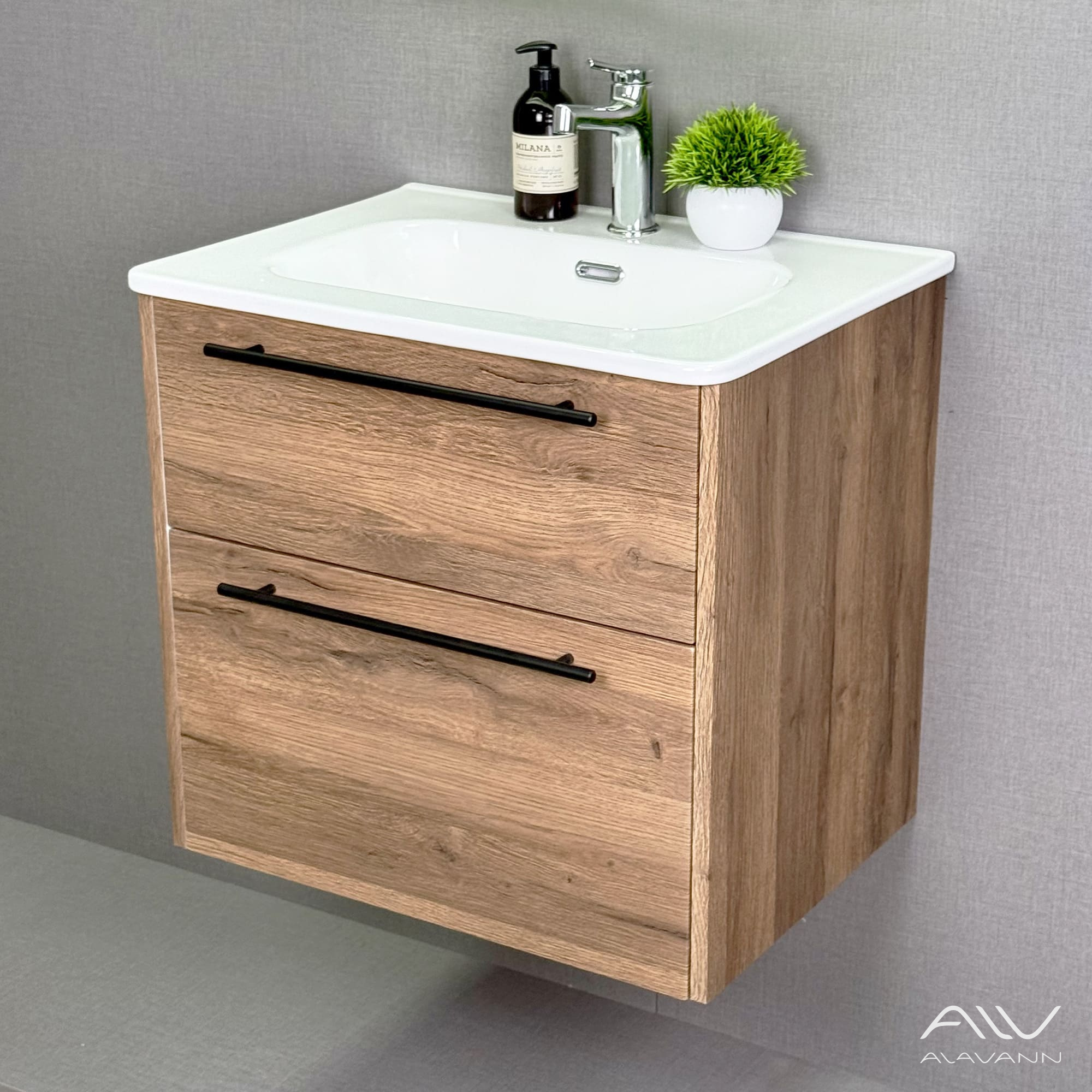 Тумба подвесная Alavann Rondo 60 с раковиной Rado 60, дуб
