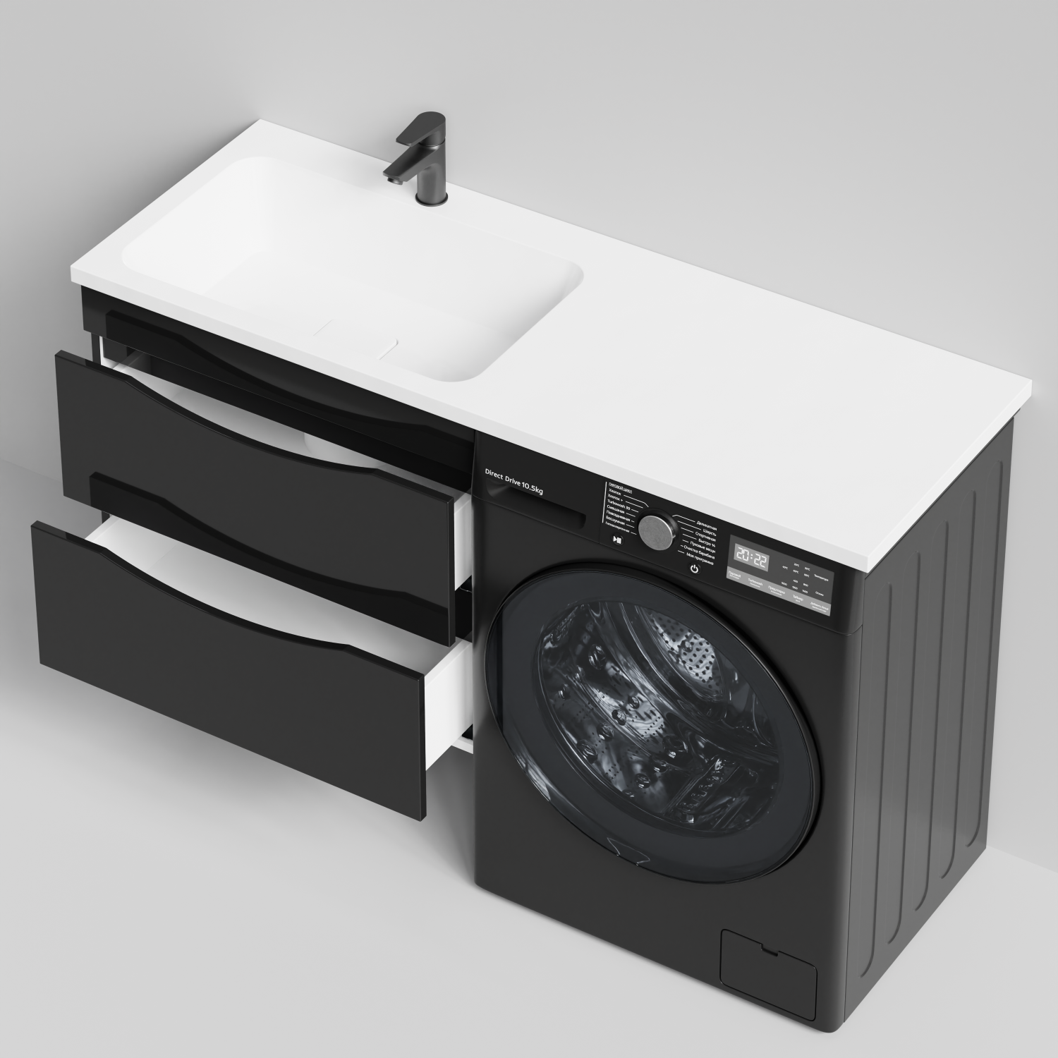 Тумба Vod-ok 68 с раковиной Смайл 130 подвесная, под стиральную машину, левая, черный глянец