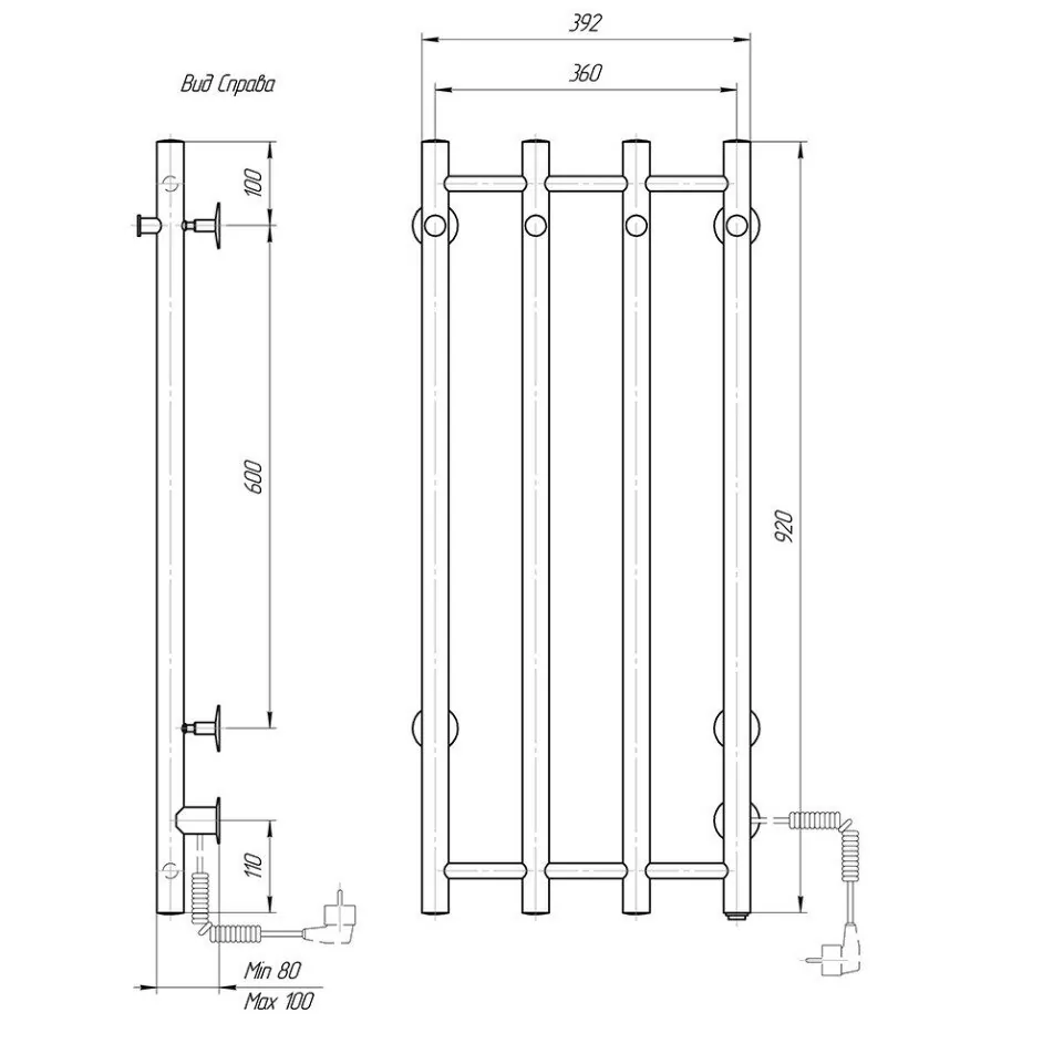 Полотенцесушитель электрический Танго Domoterm 109-V4 36х92 R правый, 4 крючка, хром