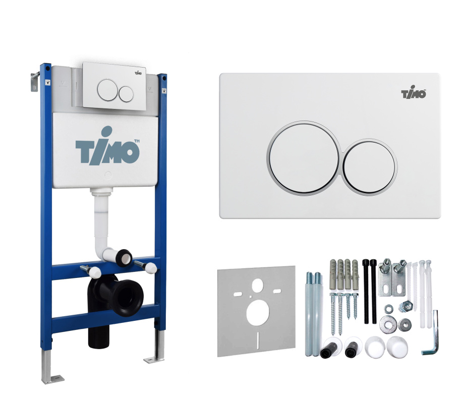 Комплект 2 в 1 Timo Инсталляция для унитаза TWC-01 и кнопка смыва KULO FP-001W глянцевая белая