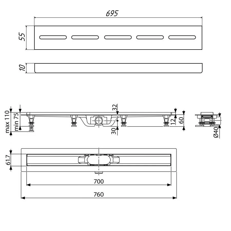 Душевой лоток Timo SP10 70 с решеткой SG10 70 хром матовый