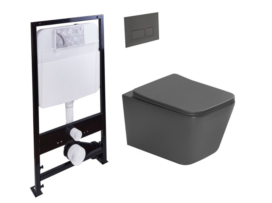 Унитаз подвесной SantiLine SL-5007DG+SL-01/DG с инсталляцией и кнопкой, темно-серый матовый