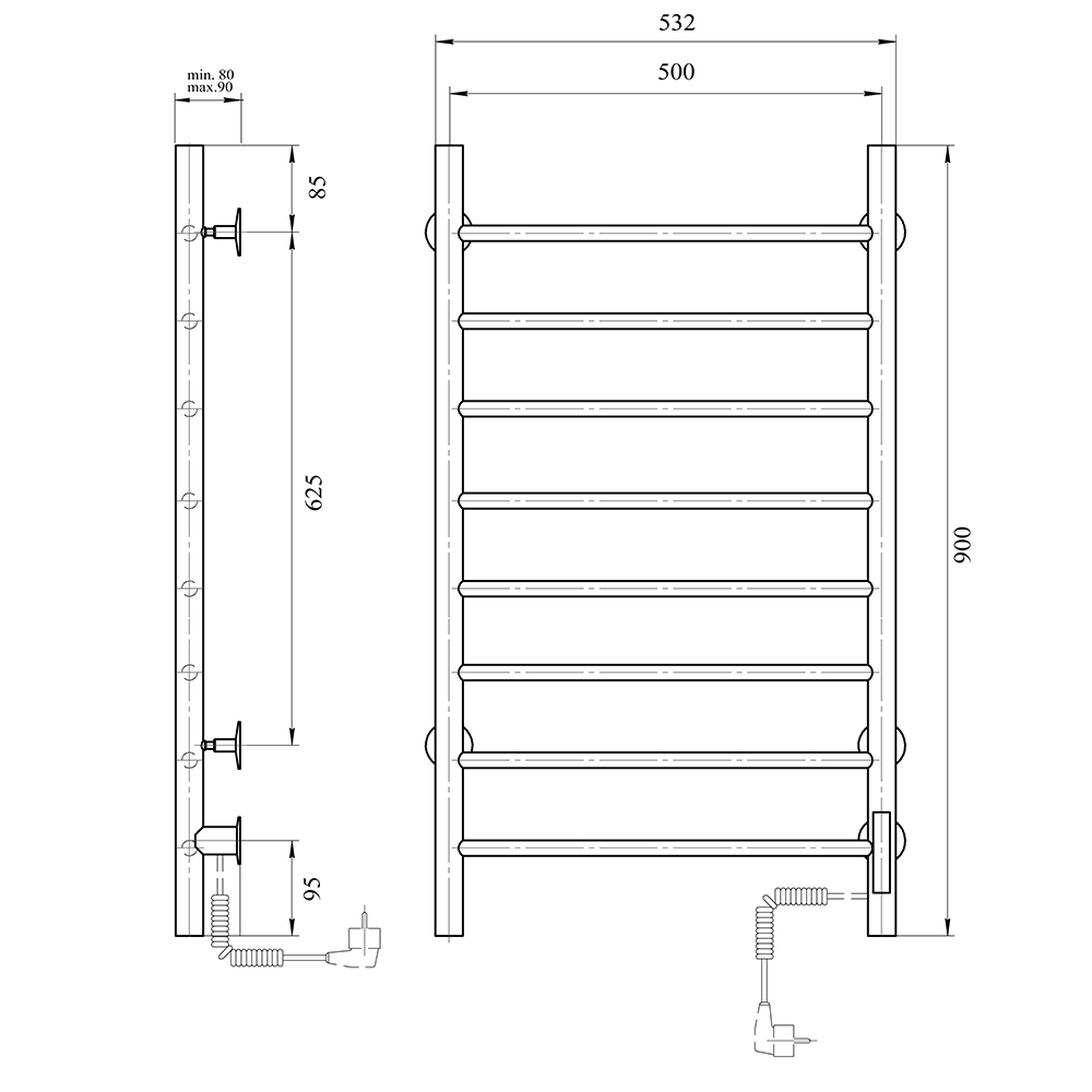 Полотенцесушитель электрический Domoterm DMT 109-8 50x90 EKTD R хром