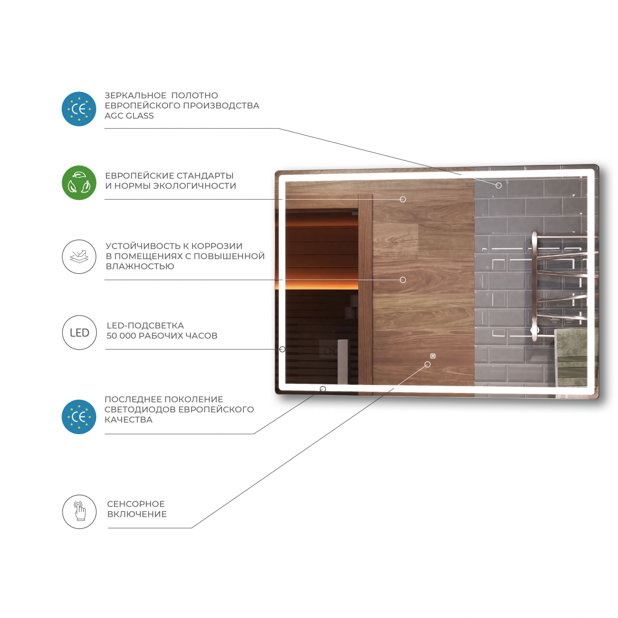 Зеркало Vigo Geometry Classic 800 свет, сенсор