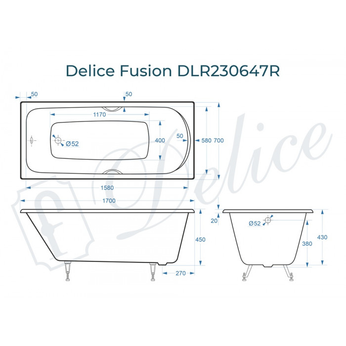 Ванна чугунная Delice Fusion 170х70 с отверстиями под ручки DLR230647R