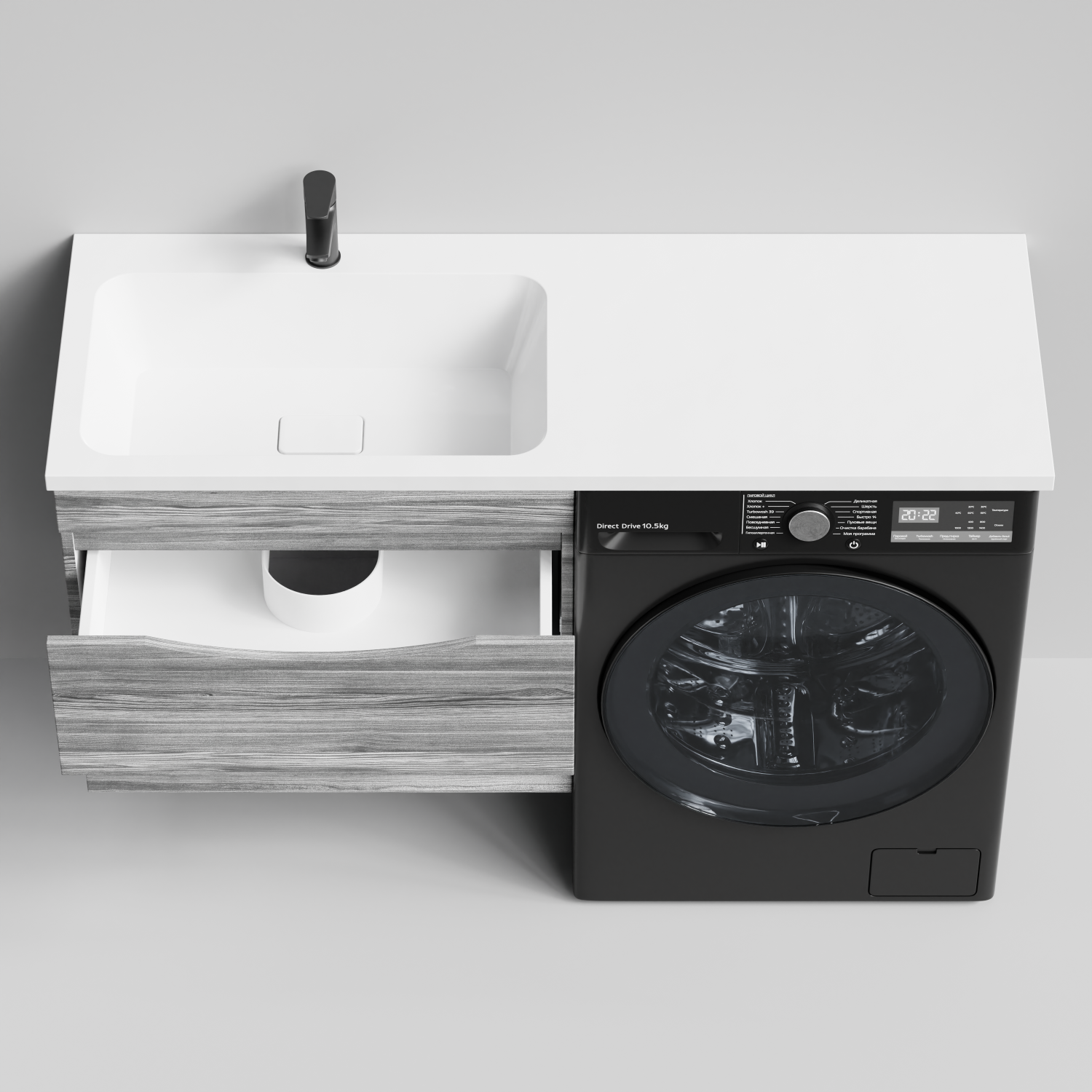 Тумба Vod-ok 68 с раковиной Смайл 130 подвесная, под стиральную машину, левая, Лиственница структурная контрастно-серая