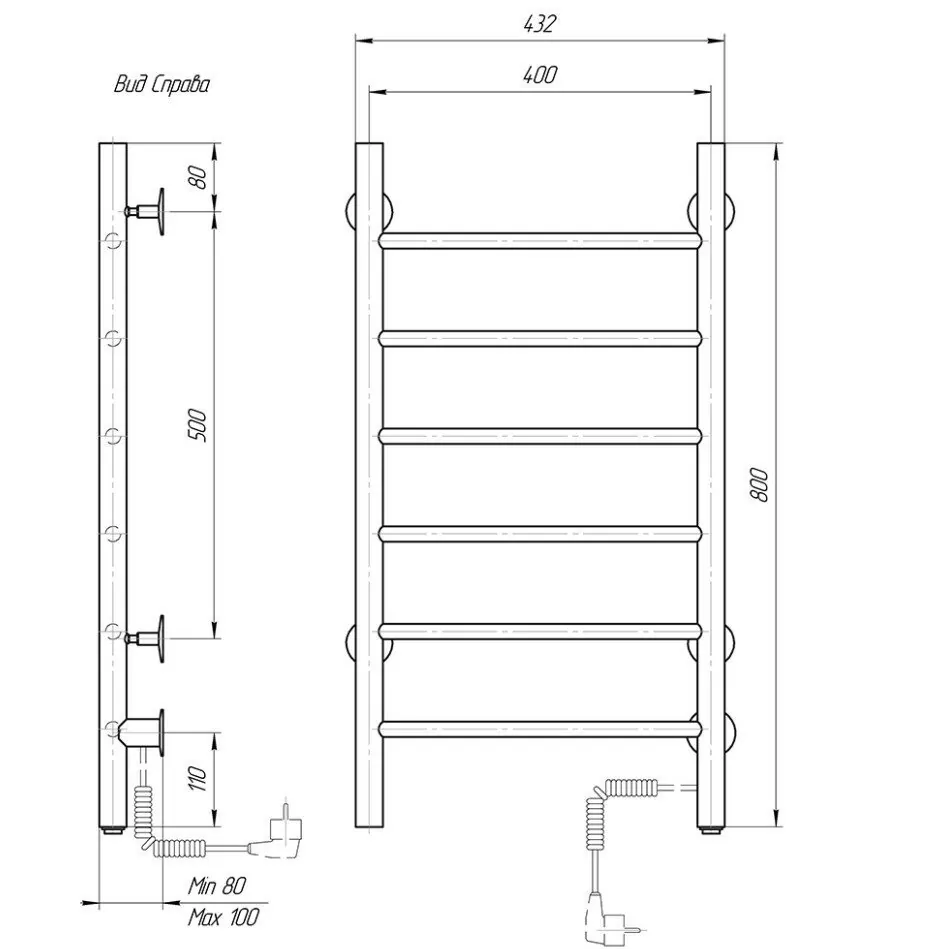 Полотенцесушитель электрический Domoterm Аврора DMT 109-6 40x80 EK R правый, черный матовый