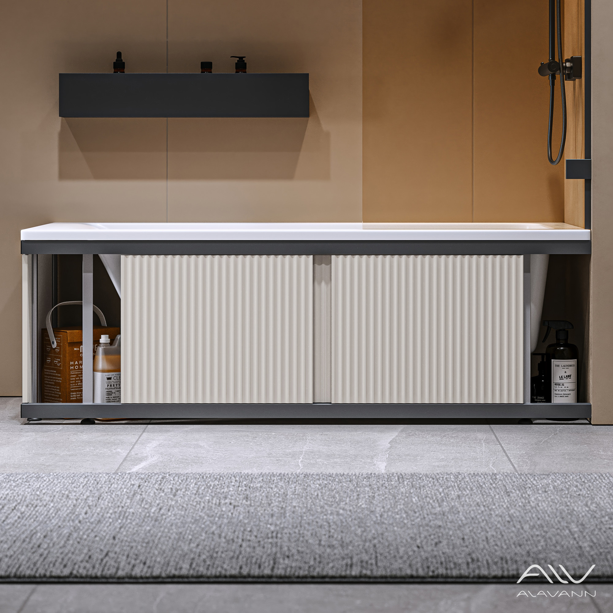 Экран под ванну Alavann Альт Блэк 170 бежевый с фрезеровкой, из МДФ, раздвижной