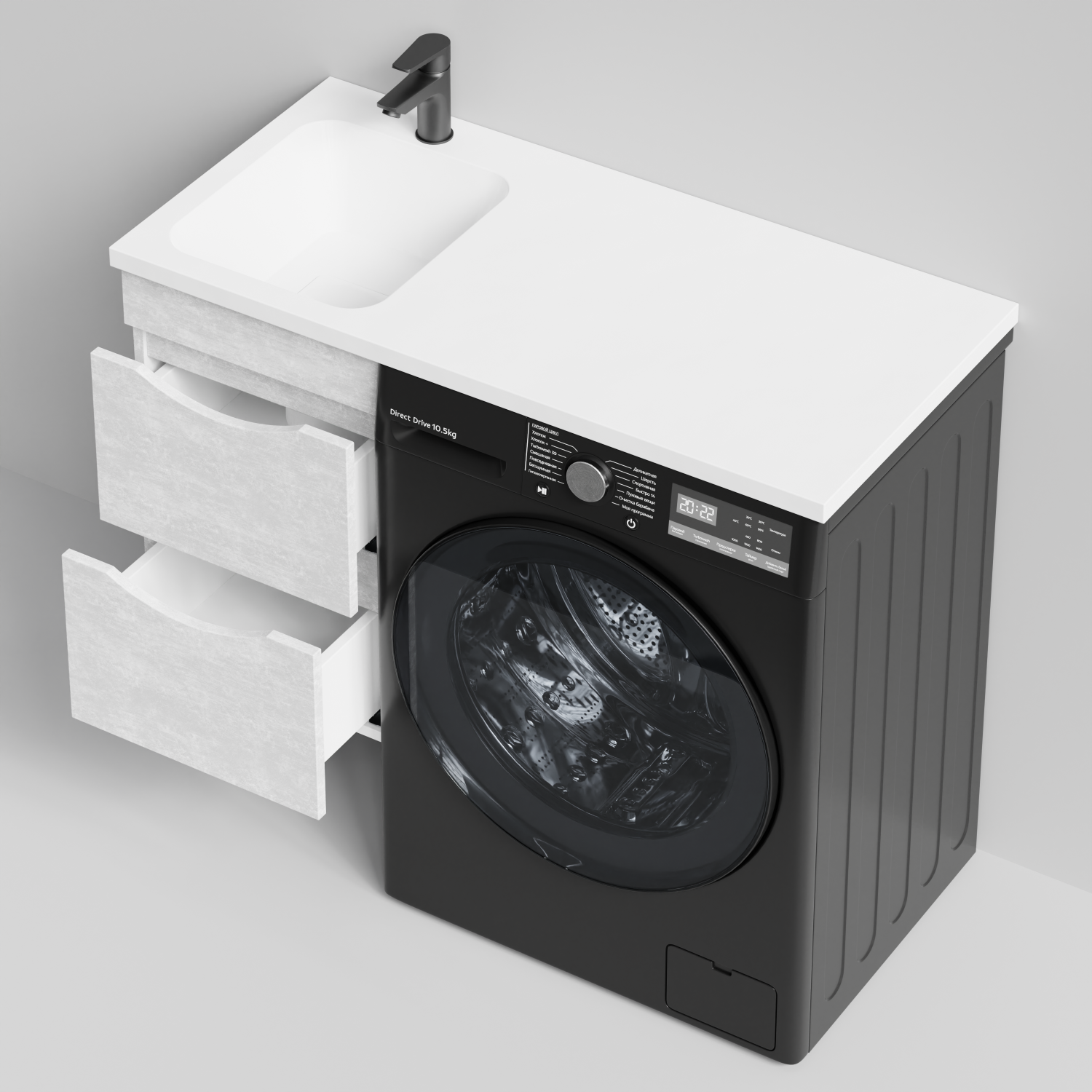 Тумба Vod-ok 38 с раковиной Смайл 100 подвесная, под стиральную машину, левая, Белый камень