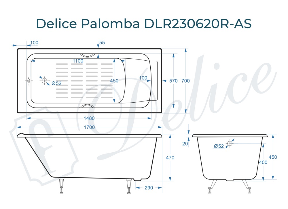 Ванна чугунная Delice Palomba 170х70 DLR230620R-AS с отверстиями под ручки и антискользящим покрытием
