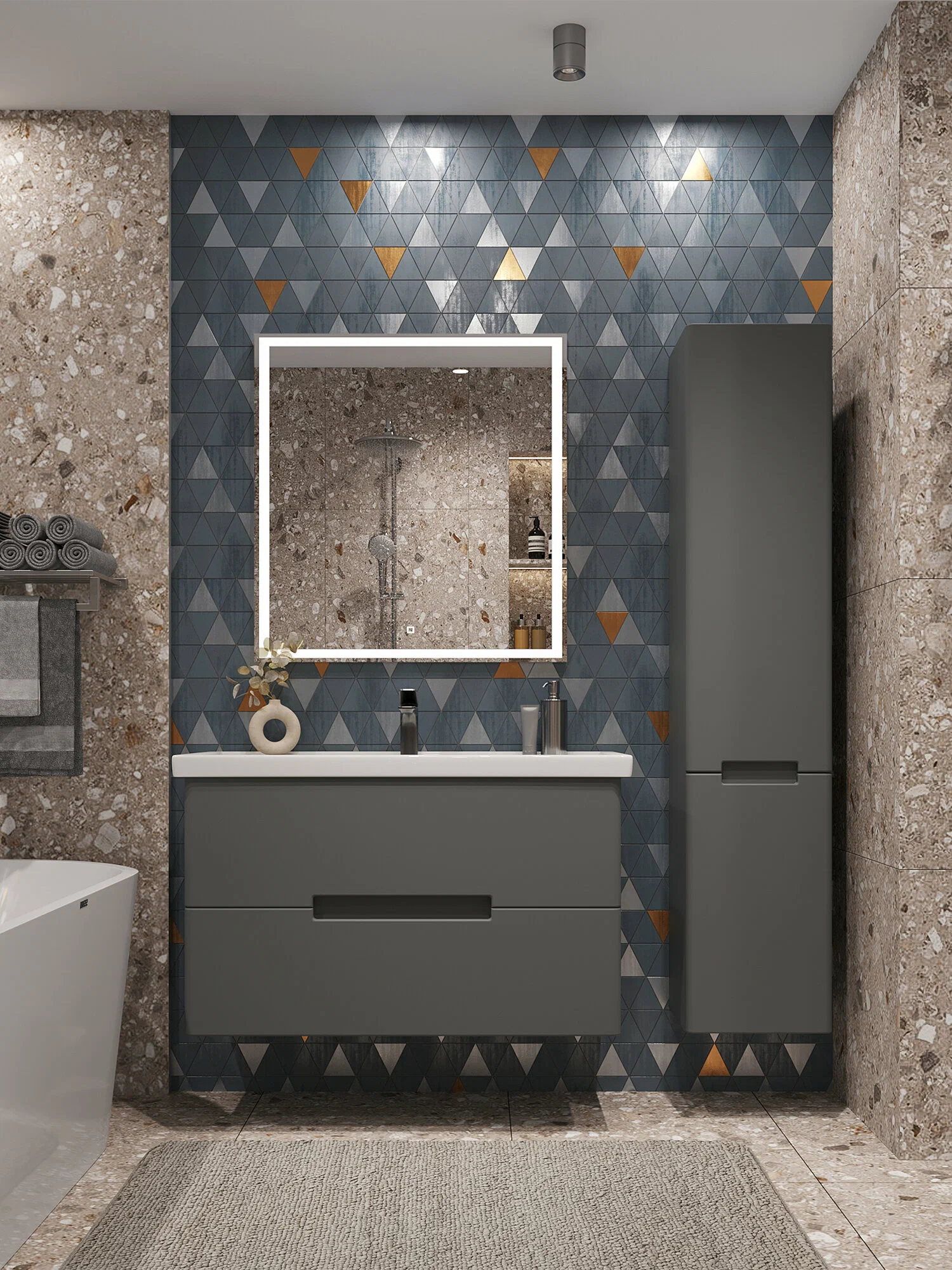 Тумба подвесная SanStar Noche 100 с раковиной Миранда 100 Графит софт