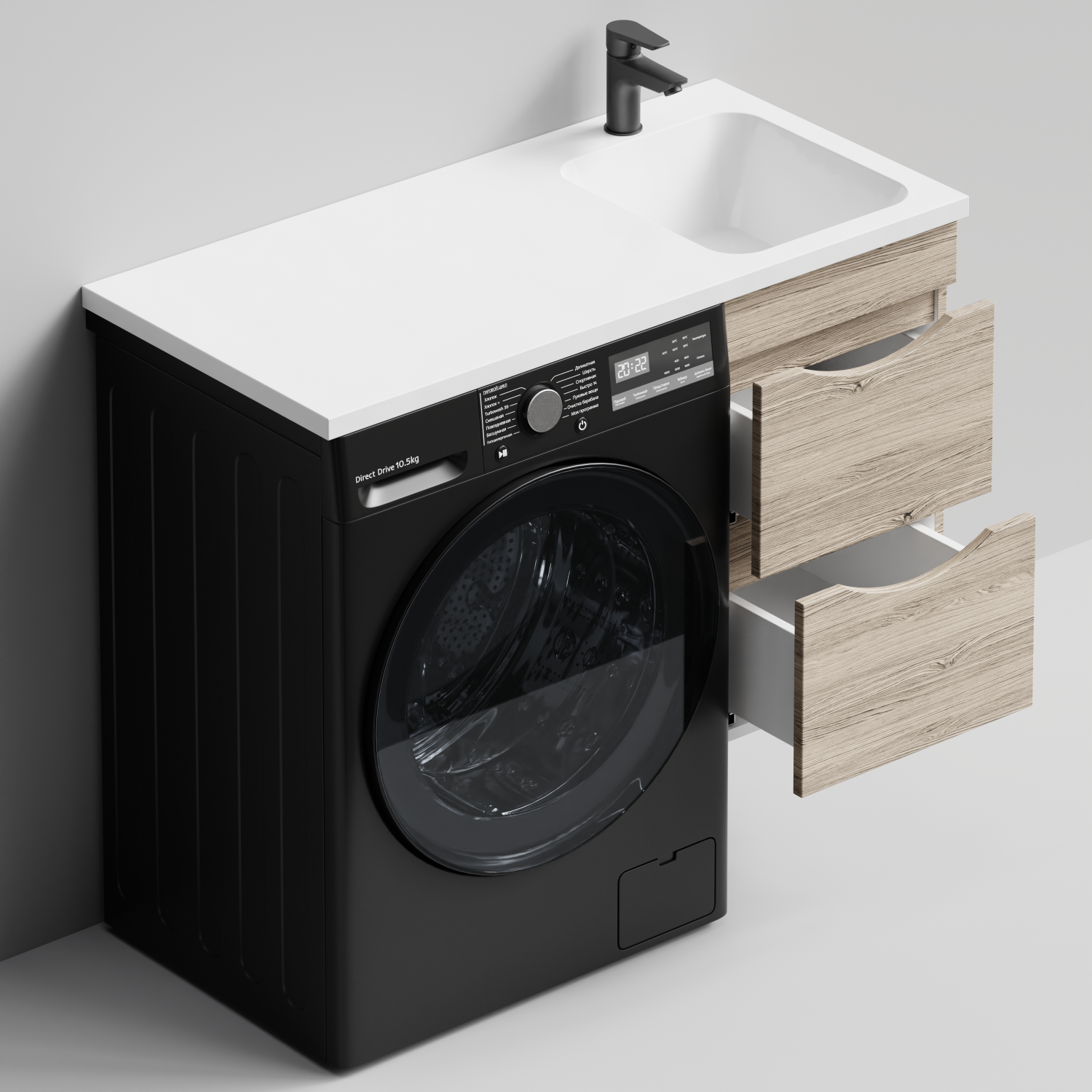 Тумба Vod-ok 38 с раковиной Смайл 100 подвесная, под стиральную машину, правая, Дубослив ореховый светлый