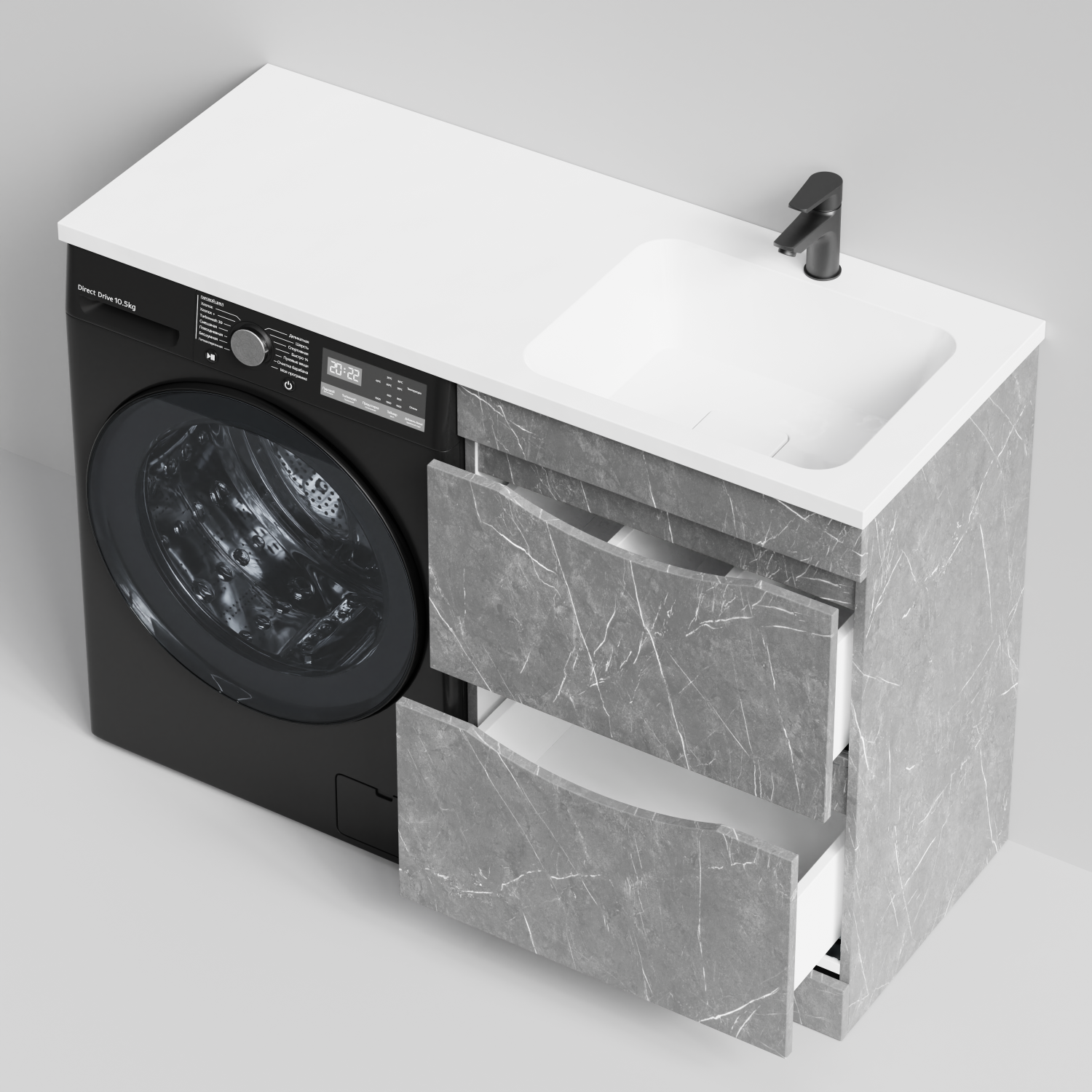 Тумба Vod-ok 58 с раковиной Смайл 120 напольная, под стиральную машину, правая, Мрамор Серый софт тач