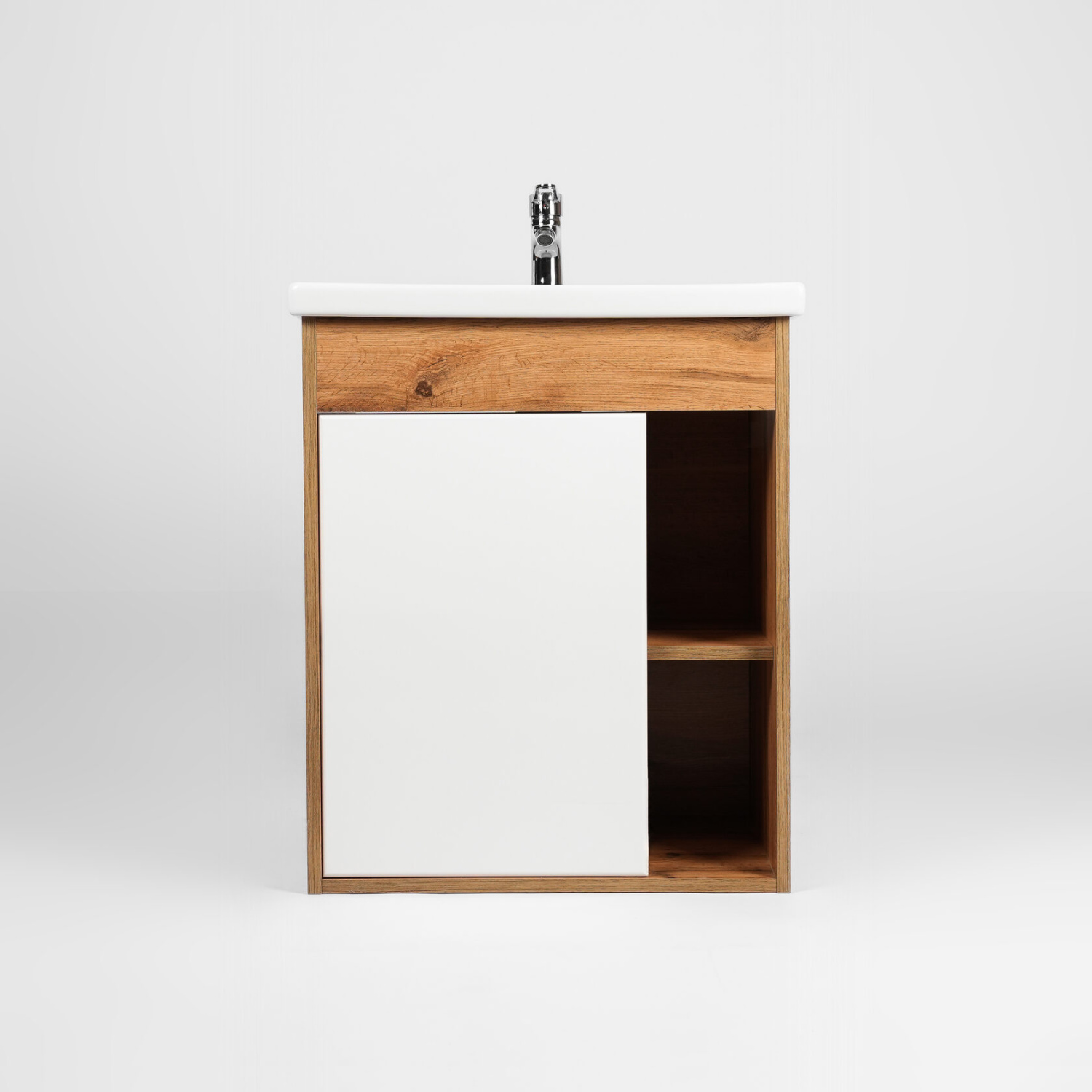 Тумба подвесная Viant Бостон 50 с раковиной Como 50, 1 дверь, белый/дуб вотан