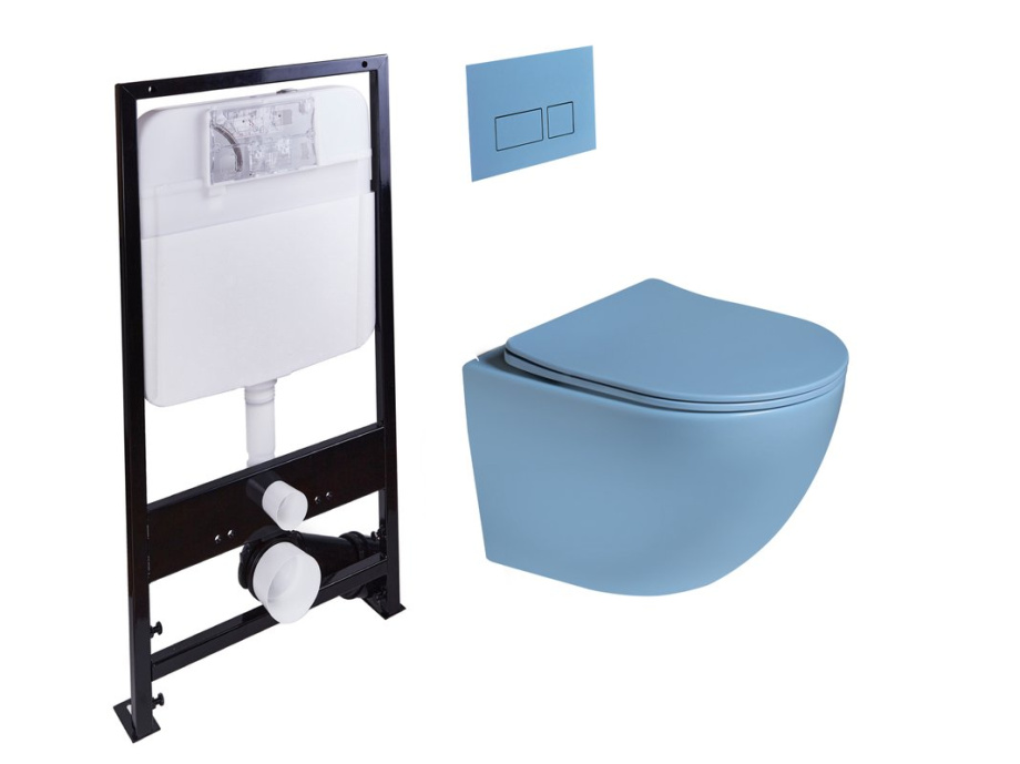 Унитаз подвесной SantiLine SL-5005T-BL+SL-01/BL с инсталляцией и кнопкой, голубой матовый