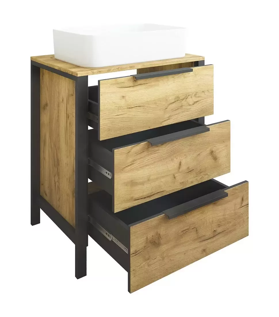 Тумба напольная Sanflor Гард 70/2 с раковиной Олимпия 56, дуб крафт золотой/черный