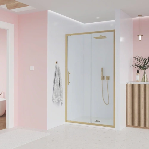 Душевая дверь Veconi Evo 100 G, 1400x1950, золото брашинг, стекло прозрачное от магазина Vanna-Vanna.ru!