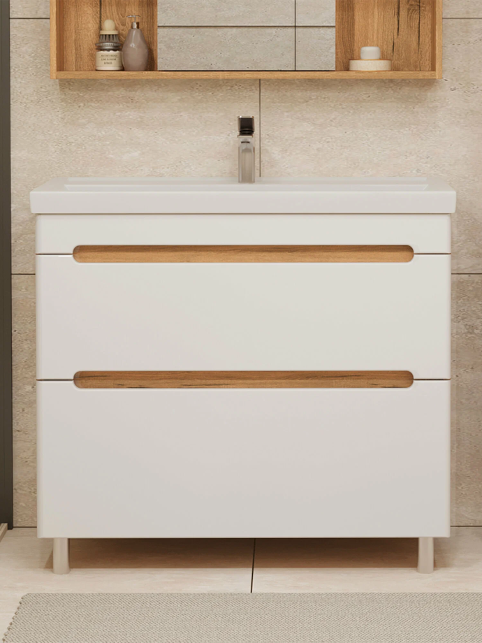 Тумба напольная SanStar Diva 100 с раковиной Фостер 100 белая, дуб вотан