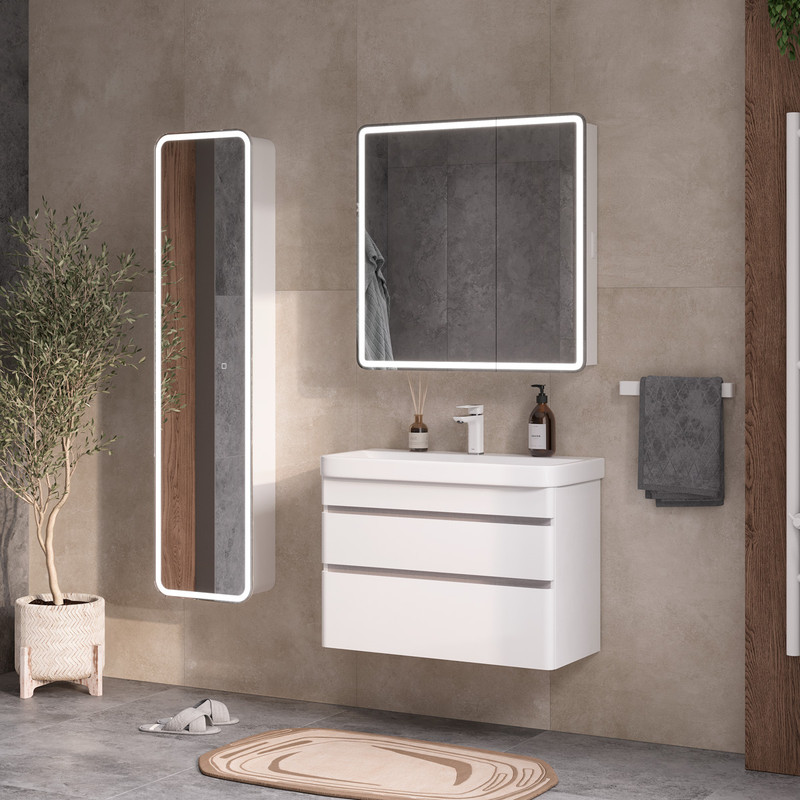 Тумба с раковиной EQUIL Soldi 80 подвесная, 2 ящика, белый софт