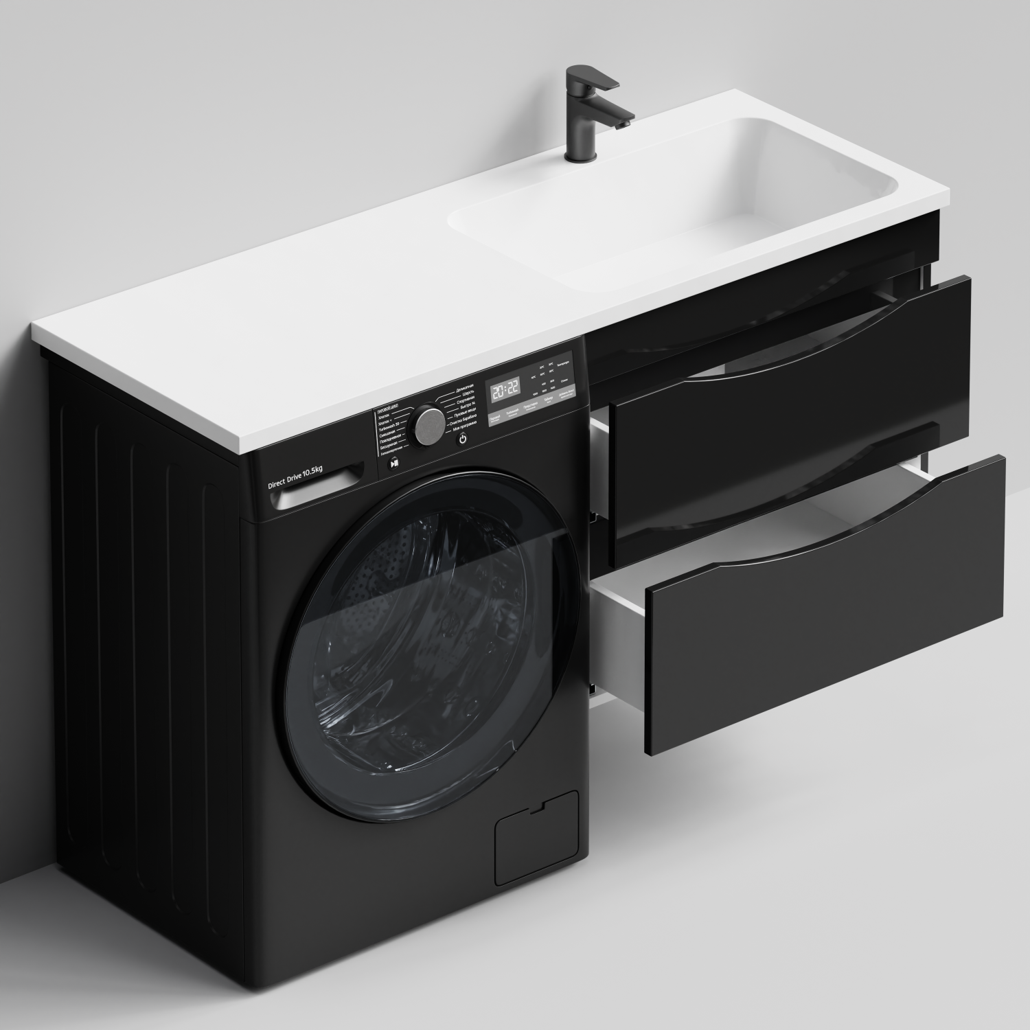 Тумба Vod-ok 68 с раковиной Смайл 130 подвесная, под стиральную машину, правая, черный глянец