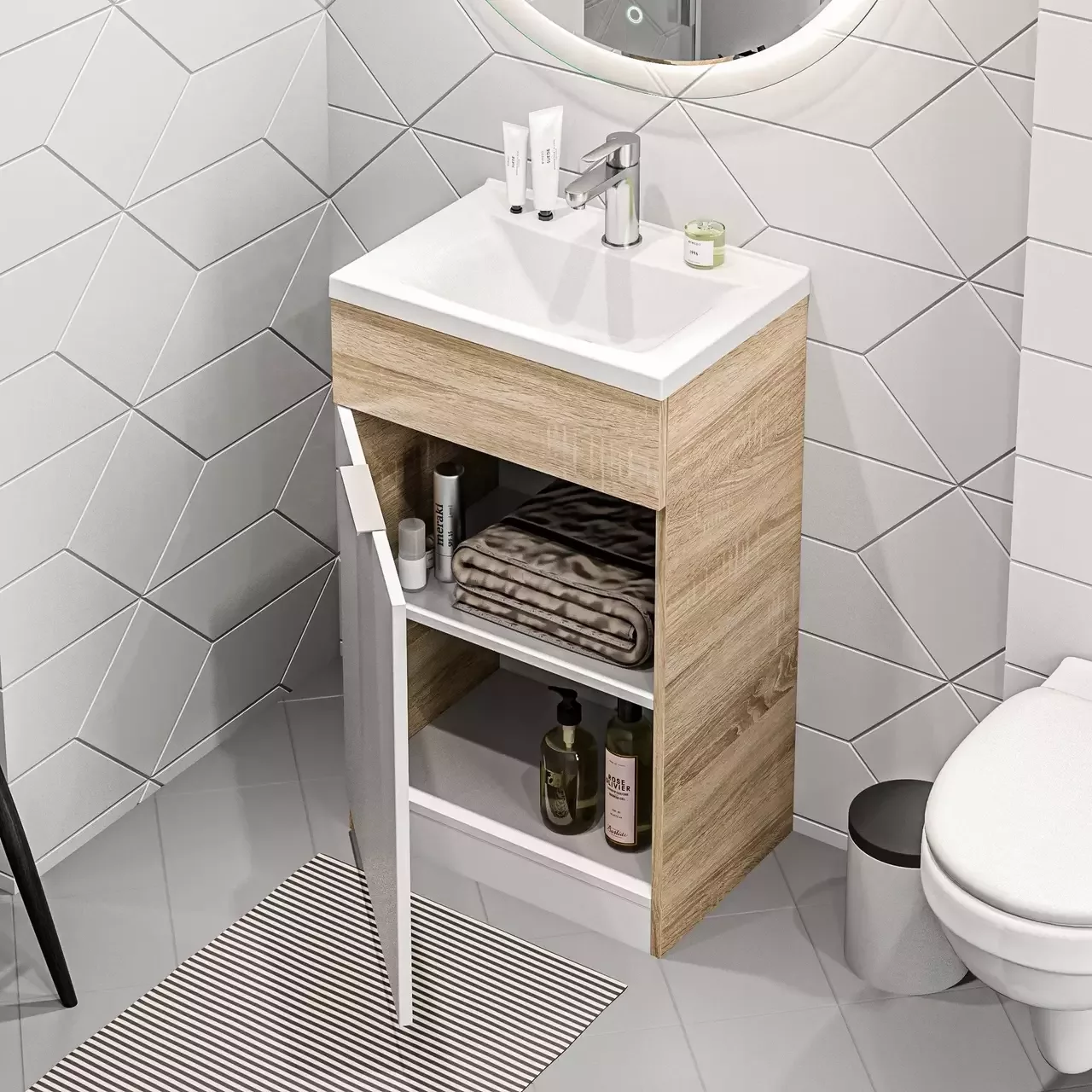 Тумба с раковиной напольная 1Marka Revo 50Н, 1 дверь, белый/дуб сонома