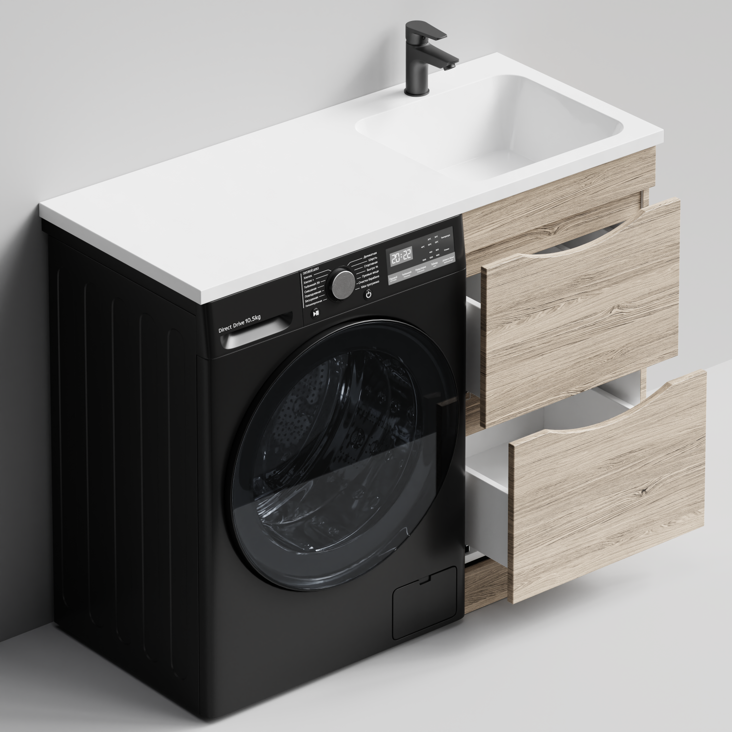 Тумба Vod-ok 48 с раковиной Смайл 110 напольная, под стиральную машину, правая, Дубослив ореховый светлый