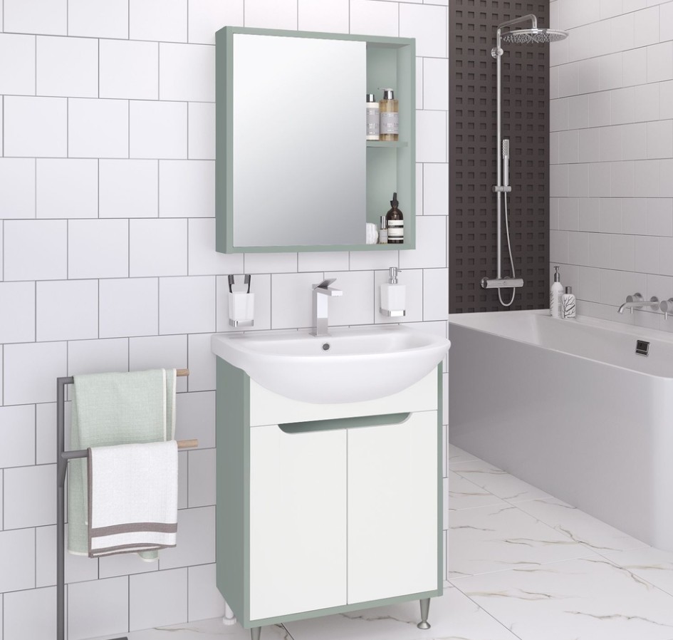 Тумба напольная Runo Эконова с раковиной Уют 50, 2 двери, бирюзово-белый