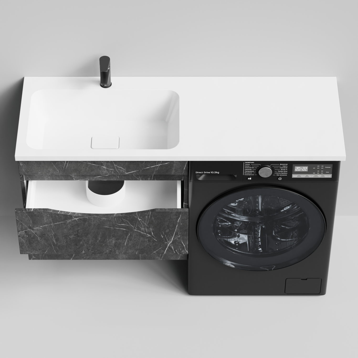 Тумба Vod-ok 68 с раковиной Смайл 130 подвесная, под стиральную машину, левая, Мрамор Графит софт тач
