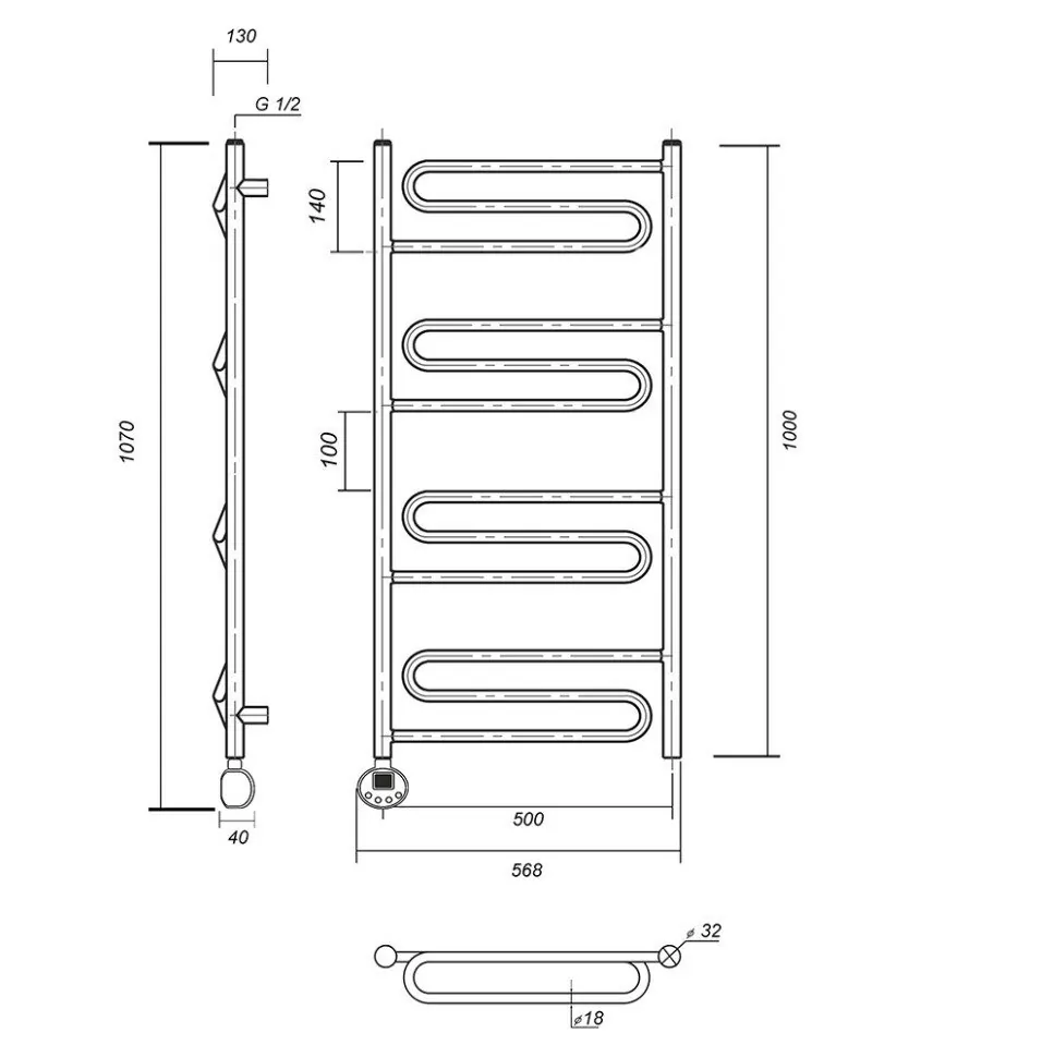 Полотенцесушитель электрический Domoterm Офелия П12 500х1000 EL левый, хром