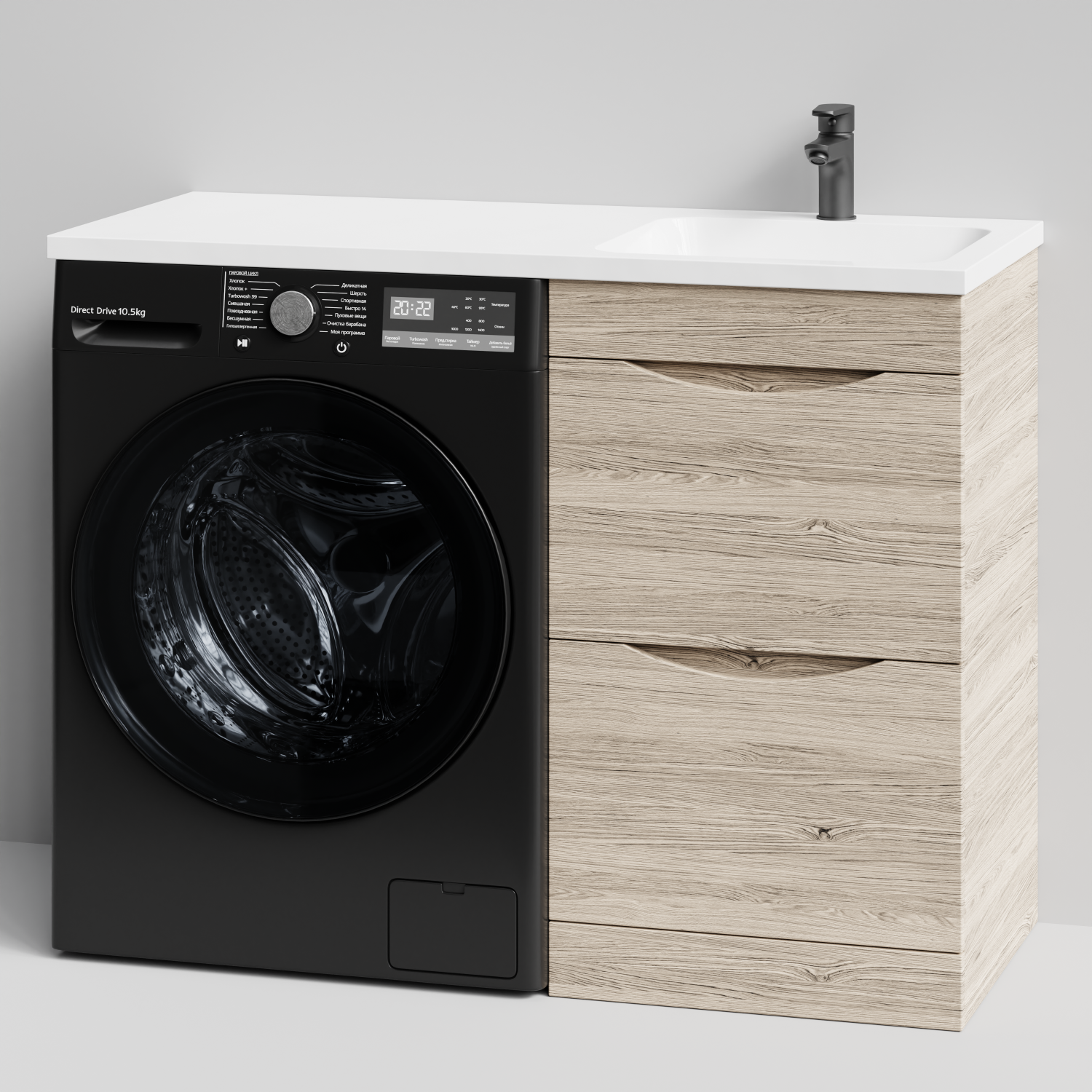 Тумба Vod-ok 48 с раковиной Смайл 110 напольная, под стиральную машину, правая, Дубослив ореховый светлый